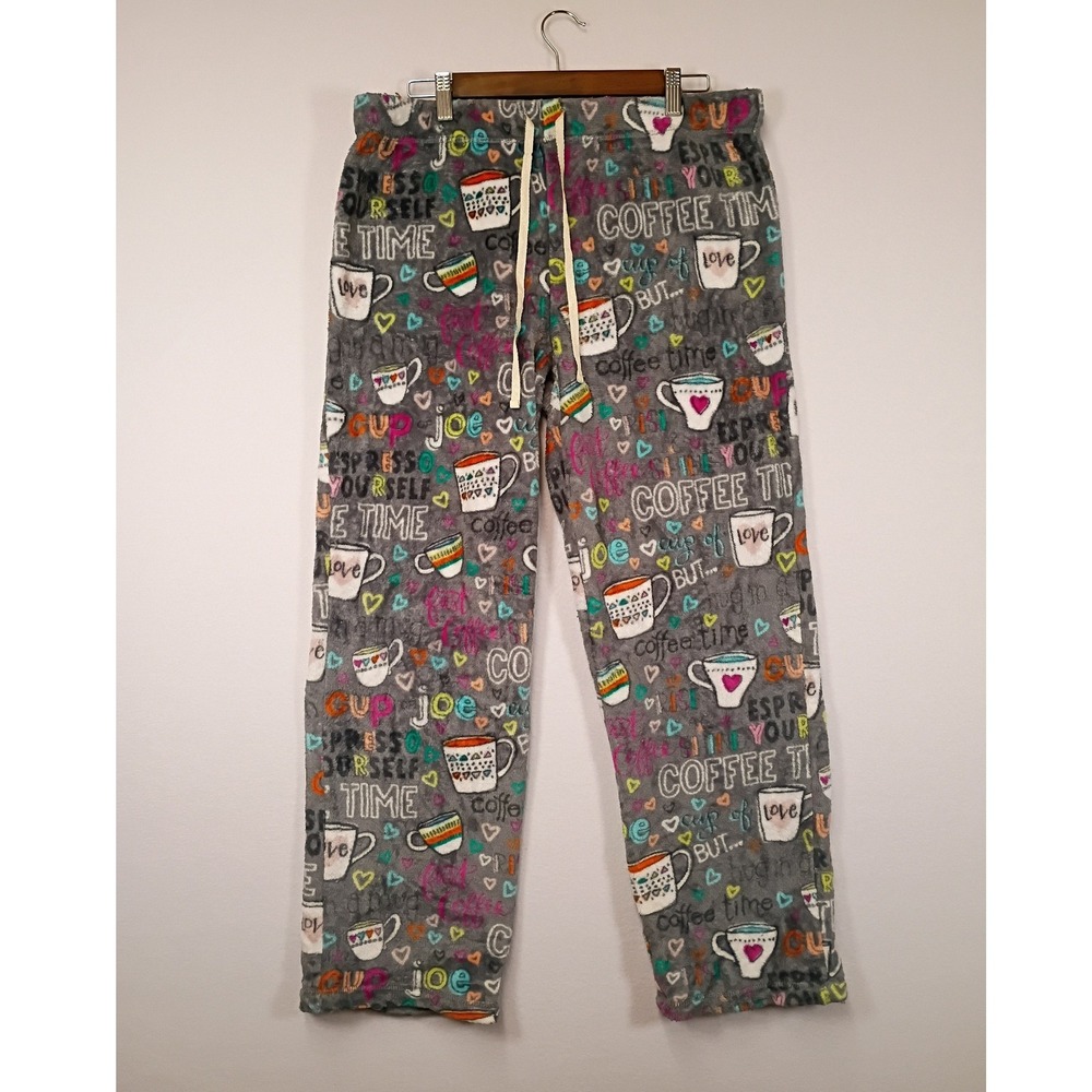 Cozy Coffee Print Secret Treasures Womens L 12-14 Grey Plush Fleece Pajama Pants